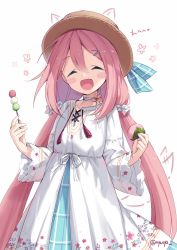 Rule 34 | 1girl, ^ ^, animal ears, blue eyes, blush stickers, cat ears, choker, closed eyes, drawn ears, drawn flower, dress, floral print, flower, flower (symbol), hair between eyes, hair ornament, hairclip, hairpin, hat, heart, highres, kagamihara nadeshiko, laughing, long hair, looking at viewer, low twintails, nyanya, open mouth, pink hair, plaid, scrunchie, see-through, shawl, simple background, solo, spoken heart, sun hat, translated, twintails, twitter username, very long hair, white background, white choker, white dress, white flower, yurucamp