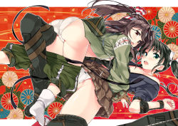 Rule 34 | 10s, 2girls, ass, black hair, blush, bow, bow panties, breasts, brown eyes, brown hair, cameltoe, censored, convenient censoring, green eyes, hair censor, hair ribbon, headband, japanese clothes, kantai collection, long hair, looking at viewer, multiple girls, off shoulder, open mouth, panties, personification, ponytail, ribbon, sandals, shirota dai, skirt, small breasts, thighhighs, twintails, underwear, white legwear, white panties, zuihou (kancolle), zuikaku (kancolle)