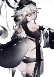 Rule 34 | 1girl, absurdres, arknights, ass, bare shoulders, breasts, butt crack, covered erect nipples, crocodilian tail, dress, highres, hood, long hair, looking at viewer, looking back, panties, pointy ears, short dress, silver hair, simple background, small breasts, tail, thighhighs, thighs, tomimi (arknights), torn clothes, torn legwear, underwear, yellow eyes, yushe quetzalli