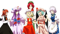 Rule 34 | 6+girls, ascot, bad id, bad pixiv id, bat wings, blonde hair, blue bow, blue hair, blush, bow, braid, crescent, crescent hair ornament, dress, closed eyes, fang, flandre scarlet, frills, hair bow, hair ornament, hair ribbon, holding hands, hand on shoulder, hat, hat ribbon, head wings, highres, hong meiling, izayoi sakuya, koakuma, long hair, maid, maid headdress, mob cap, multiple girls, open mouth, patchouli knowledge, pink dress, puffy short sleeves, puffy sleeves, purple hair, red bow, red eyes, red hair, red ribbon, remilia scarlet, ribbon, shiratama (hockey), short hair, short sleeves, silver hair, smile, touhou, twin braids, white background, wings, wrist cuffs