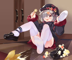 Rule 34 | 1girl, absurdres, arknights, banana peel, black coat, black footwear, black hat, bow, braid, cabinet, cake, chinese commentary, coat, commentary request, eyepatch, feet, food, fork, fruit, hair ornament, hairclip, hat, hat bow, highres, holding, holding fork, holding plate, long sleeves, looking at viewer, medium hair, on ground, open mouth, plate, popukar (arknights), qiyanbujueshi, rabbit hair ornament, red eyes, red skirt, shoes, silver hair, single shoe, sitting, skirt, soles, solo, strawberry, thighhighs, toes, unworn shoe, unworn shoes, white thighhighs, wooden floor