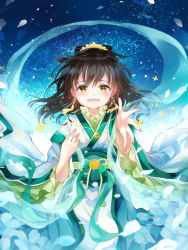 Rule 34 | 1boy, :d, black hair, blue background, blue sky, brown eyes, earrings, japanese clothes, jewelry, kimono, looking at viewer, male focus, medium hair, minami mofuko, night, night sky, official art, open mouth, outdoors, outsie, outstretched hand, rakkami!, sky, smile, standing, wide sleeves