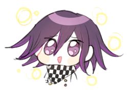 Rule 34 | 1boy, buttons, checkered clothes, checkered scarf, danganronpa (series), danganronpa v3: killing harmony, male focus, matching hair/eyes, open mouth, oma kokichi, purple eyes, purple hair, scarf, shirt, side bangs, simple background, solo, white background, white shirt