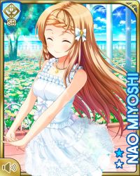 Rule 34 | 1girl,  white bow, bow, braid, brown eyes, brown hair, card (medium), collarbone, day, dress, closed eyes, girlfriend (kari), hair bow, jewelry, long hair, looking at viewer, matching hair/eyes, miyoshi nao, necklace, official art, outdoors, qp:flapper, smile, solo, standing, tagme, white dress