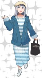 Rule 34 | 1girl, :d, absurdres, alternate costume, bag, blue footwear, blue jacket, blush, brown hat, cabbie hat, collarbone, dress, full body, hair between eyes, hair down, hand up, hat, highres, higuchi kaede, holding, holding bag, jacket, kasa list, long hair, long sleeves, looking at viewer, nijisanji, open clothes, open jacket, open mouth, purple eyes, round teeth, shoes, shopping bag, silver hair, sleeves past wrists, smile, sneakers, solo, sparkle background, standing, striped clothes, striped dress, teeth, unmoving pattern, upper teeth only, virtual youtuber, white background