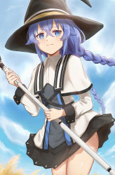 Rule 34 | 1girl, absurdres, black hat, black skirt, blue eyes, blue hair, blue sky, braid, capelet, closed mouth, cowboy shot, day, floating hair, hair between eyes, hat, highres, holding, holding staff, long hair, long sleeves, looking at viewer, miniskirt, mushoku tensei, outdoors, roxy migurdia, skirt, sky, smile, solo, staff, toxic (toxicv), twin braids, twintails, very long hair, white capelet, witch hat