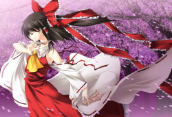 Rule 34 | 1girl, ayase hazuki, bare shoulders, bow, brown hair, cherry blossoms, detached sleeves, expressionless, female focus, hair bow, hair ribbon, hakurei reimu, holding, ofuda, petals, ponytail, profile, ribbon, short hair, solo, touhou, wide sleeves