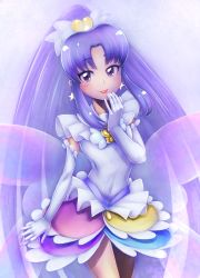 Rule 34 | 10s, 1girl, bow, brooch, cure fortune, cure fortune (innocent form), earrings, elbow gloves, frills, gloves, hair bow, happinesscharge precure!, heart, heart brooch, highres, hikawa iona, innocent form (happinesscharge precure!), jewelry, long hair, magical girl, multicolored clothes, multicolored skirt, ponytail, precure, purple eyes, purple hair, sidelocks, skirt, smile, solo, white gloves, wide ponytail, wings, yamashiro yoshifumi