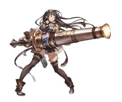 Rule 34 | 10s, 1girl, belt, black eyes, black hair, black thighhighs, blunt bangs, boots, buttons, cuffs, dress, full body, gloves, goggles, goggles on head, granblue fantasy, gun, holding, holding weapon, holster, huge weapon, jessica (granblue fantasy), long hair, m1 bazooka, minaba hideo, official art, open collar, rocket launcher, short dress, shoulder guard, solo, strap, thighhighs, transparent background, weapon, white gloves