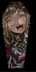 Rule 34 | 1girl, bad id, bad twitter id, blonde hair, blunt bangs, blush, book, buckle, claws, cosplay, gloves, hanazome march, happy, highres, holding, holding book, hood, hood up, looking at viewer, open mouth, orange eyes, red riding hood (sinoalice), red riding hood (sinoalice) (cosplay), sharp teeth, sinoalice, solo, teeth, twitter username