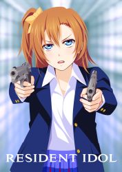 Rule 34 | 1girl, 440, aiming, aiming at viewer, blue eyes, bow, brown hair, dual wielding, gun, hair bow, handgun, highres, holding, holding gun, holding weapon, kosaka honoka, looking at viewer, love live!, love live! school idol project, open mouth, parody, pistol, resident evil, short hair, side ponytail, skirt, solo, weapon