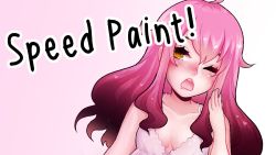 Rule 34 | 1girl, arm at side, arm up, blush, dress, english text, heart, long hair, nose blush, one eye closed, pink background, pink dress, pink hair, shari cote, simple background, solo, text focus, yawning, yellow eyes