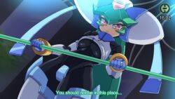 Rule 34 | 1girl, android, armor, black bodysuit, bodysuit, bodysuit under clothes, boots, breasts, crop top, english text, eye trail, forehead jewel, from below, godichi, green hair, holding, holding staff, light trail, long hair, looking down, medium breasts, mega man (series), mega man zx, model w (mega man), pandora (mega man), power armor, red eyes, robot girl, solo, staff, subtitled, thigh boots, timestamp, underboob, white armor, white helmet
