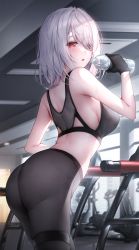 Rule 34 | 1girl, ahoge, ass, back, bare shoulders, black gloves, blush, bottle, breasts, drinking, from behind, from side, gloves, gym, highres, holding, holding bottle, large breasts, leg belt, lenne (oyuwari), looking at viewer, looking back, no panties, original, oyuwari, pants, red eyes, short hair, sideboob, solo, sports bra, sweat, water, white hair, yoga pants