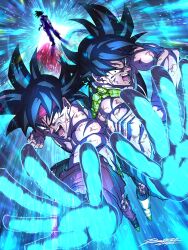 absurdres armor bardock black_eyes black_hair boyerjorys broken_armor dragon_ball dragon_ball_minus dragonball_z facial_scar headband highres incoming_attack male_focus monkey_tail multiple_boys muscular muscular_male open_mouth saiyan saiyan_armor scar scar_on_cheek scar_on_face short_hair simple_background son_goku spiked_hair tail wristband