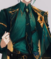 Rule 34 | 1boy, alhaitham (genshin impact), artist name, belt, black belt, black necktie, black pants, collared jacket, collared shirt, crystal, formal, genshin impact, gold trim, green hair, green jacket, green shirt, grey background, grey hair, hand up, highres, jacket, jewelry, long sleeves, male focus, multicolored hair, necktie, open clothes, open jacket, pants, ring, shirt, short hair, simple background, solo, sparkle, standing, suit, two-tone hair, wing collar, yuelight