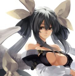 Rule 34 | 1girl, bare shoulders, breasts, brown eyes, cleavage, cleavage cutout, clothing cutout, dizzy (guilty gear), grey hair, guilty gear, guilty gear x, guilty gear xx, hair ribbon, long hair, looking at viewer, maka (morphine), medium breasts, off shoulder, portrait, revealing clothes, ribbon, sad, simple background, solo, twintails, upper body, white background