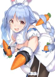 Rule 34 | 1girl, 92m, :d, animal ear fluff, animal ears, bare shoulders, black pantyhose, blue hair, braid, breasts, bridal garter, carrot, carrot hair ornament, cleavage, coat, don-chan (usada pekora), food-themed hair ornament, fur trim, gloves, hair ornament, highres, hololive, leaning forward, long hair, looking at viewer, medium breasts, multicolored hair, open mouth, pantyhose, rabbit ears, red eyes, religious offering, short eyebrows, simple background, smile, solo, thick eyebrows, twin braids, two-tone hair, usada pekora, usada pekora (1st costume), virtual youtuber, white background, white coat, white hair
