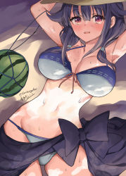 Rule 34 | 1girl, artist name, bare arms, bare legs, bare shoulders, bikini, black hair, black sarong, blue bikini, blush, breasts, food, fruit, hair between eyes, hat, highres, kantai collection, large breasts, long hair, mizuta kenji, navel, one-hour drawing challenge, open mouth, red eyes, sarong, signature, solo, sun hat, swimsuit, taigei (kancolle), twitter username, watermelon