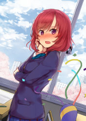 Rule 34 | 10s, 1girl, blazer, blush, classroom, cloud, confetti, day, dutch angle, hand on own cheek, hand on own face, highres, hitoshi, indoors, jacket, looking at viewer, love live!, love live! school idol project, nishikino maki, open mouth, party popper, purple eyes, red hair, school, school uniform, short hair, sky, solo, window
