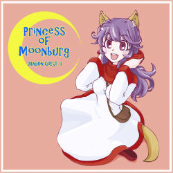 Rule 34 | 1girl, animal ears, bag, breasts, commentary request, curly hair, dog ears, dragon quest, dragon quest ii, dress, hood, long hair, looking at viewer, open mouth, princess, princess of moonbrook, purple hair, robe, smile, solo, white dress, white robe