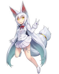Rule 34 | 10s, 1girl, :d, animal ears, arm at side, blush, bow, bowtie, breasts, collared shirt, eyebrows, eyelashes, facing away, fox ears, fox shadow puppet, fox tail, full body, fur trim, gloves, hair between eyes, highres, jacket, kemono friends, legs apart, long hair, long sleeves, looking away, looking to the side, m/, medium breasts, miniskirt, oinari-sama (kemono friends), open mouth, pleated skirt, red bow, red bowtie, ribbon, sakuragi rian, shirt, sidelocks, simple background, skirt, smile, socks, solo, tabi, tail, tail ornament, tail ring, thigh strap, very long hair, white background, white bow, white gloves, white hair, white jacket, white ribbon, white shirt, white skirt, white socks, yellow eyes