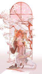 Rule 34 | 1girl, absurdres, book, branch, checkered hairband, dress, facing viewer, from side, full body, gloves, gradient background, green eyes, grey footwear, grin, half-closed eyes, hand up, high collar, highres, holding, holding book, holding branch, long hair, long sleeves, looking to the side, open book, orange hair, pants, pants under dress, reverse:1999, seiza, sitting, smile, solo, sonetto (reverse:1999), two side up, weibo logo, weibo watermark, white background, white dress, white gloves, white pants, window, zang gegege