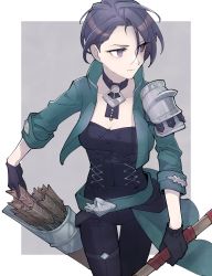 Rule 34 | 1girl, absurdres, armor, arrow (projectile), belt, black gloves, black pants, black shorts, bodice, border, bow (weapon), breasts, closed mouth, collar, collarbone, commentary request, fire emblem, fire emblem: three houses, gloves, green belt, green jacket, highres, holding, holding bow (weapon), holding weapon, jacket, looking away, medium breasts, nintendo, open clothes, open jacket, outside border, pants, purple eyes, purple hair, quiver, shamir nevrand, shirt, short hair, shorts, shoulder armor, sleeves rolled up, solo, weapon, white border, yoshidanoe