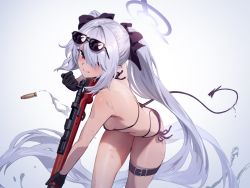 Rule 34 | 1girl, bikini, black gloves, blue archive, blush, bolt action, breasts, closed mouth, dark-skinned female, dark skin, eyewear on head, gesoking, gloves, grey hair, gun, hair between eyes, hair over one eye, halo, holding, holding gun, holding weapon, iori (blue archive), iori (swimsuit) (blue archive), long hair, looking at viewer, mauser 98, multi-strapped bikini bottom, red eyes, reloading, rifle, side-tie bikini bottom, sideboob, simple background, small breasts, smoke, sunglasses, swimsuit, tail, thigh strap, very long hair, water, weapon