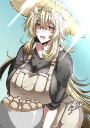 Rule 34 | 1girl, apron, bag, black shirt, blonde hair, blue eyes, blush, breasts, brown pants, collarbone, barghest (fate), fang, fate/grand order, fate (series), hat, heterochromia, highres, holding, holding bag, huge breasts, long hair, looking at viewer, aged up, open mouth, outdoors, pants, potato, shirt, sidelocks, sleeves rolled up, solo, sun hat, sunlight, tgxx3300, very long hair, yellow eyes