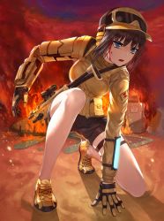 Rule 34 | 1girl, bleeding, blood, blue eyes, brown hair, fire, gloves, goggles, goggles on head, gun, hat, headset, kfr, military, no socks, on one knee, open mouth, original, shoes, shorts, sneakers, solo, submachine gun, weapon