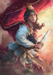 Rule 34 | agus sw, armor, black hair, brown eyes, cape, chinese armor, chinese clothes, chinese hat, clenched teeth, curly hair, dress, highres, holding, holding sword, holding weapon, ponytail, red cape, red dress, sash, shirt, sun ren, sun shang xiang, sword, teeth, total war, total war: three kingdoms, weapon, white shirt