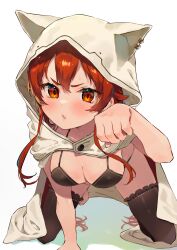 Rule 34 | 1girl, absurdres, animal hood, black bra, black thighhighs, blush, bra, breasts, cleavage, cloak, commentary, eris greyrat, frilled thighhighs, frills, hair between eyes, hand up, highres, hood, hood up, hooded cloak, long hair, looking at viewer, medium breasts, mokkori, mushoku tensei, open mouth, paw pose, red eyes, red hair, simple background, solo, thighhighs, underwear, v-shaped eyebrows, white background, white cloak