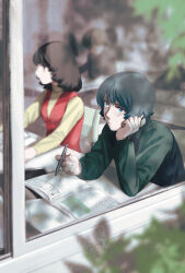 Rule 34 | 1boy, 1girl, black hair, blue eyes, blurry, blurry foreground, book, bored, closed mouth, commentary request, desk, dress, elbow rest, fa yuiry, green hair, green sweater, gundam, hand on own cheek, hand on own face, head rest, highres, holding, holding pen, kamille bidan, light frown, long sleeves, medium hair, open book, pen, red dress, school desk, short hair, solo focus, sweater, ususio 11, window, yellow sweater, zeta gundam