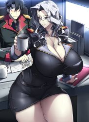 Rule 34 | 1boy, 1girl, black hair, blush, breasts, cleavage, coffee cup, coffee mug, cup, desk, disposable cup, faceless, faceless male, haganef, highres, holding, holding cup, huge breasts, jewelry, looking back, mug, necklace, on desk, pencil skirt, silver hair, sitting, on desk, skirt, smile, thick thighs, thighs, uniform