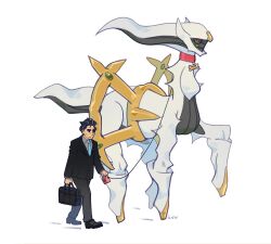 Rule 34 | 1boy, arceus, bag, black bag, black eyes, black footwear, black hair, black pants, black suit, blue necktie, closed mouth, collar, colored sclera, colored skin, commentary, creatures (company), english commentary, formal, full body, game freak, gen 4 pokemon, green sclera, highres, holding, holding bag, larry (pokemon), legendary pokemon, leunkon, mythical pokemon, necktie, nintendo, pants, pokemon, pokemon (creature), pokemon sv, red collar, red eyes, shoes, short hair, simple background, suit, tail, thick eyebrows, walking, white background, white skin