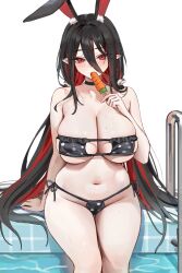 Rule 34 | 1girl, absurdres, animal ear fluff, animal ears, arm support, bare arms, bare shoulders, bikini, black bikini, black choker, black hair, blush, breasts, carrot, choker, cleavage, colored inner hair, commentary request, commission, eyepatch bikini, food in mouth, gompang 11, highres, holding, holding carrot, korean commentary, large breasts, looking at viewer, low twintails, mole, mole on breast, mole under eye, multicolored hair, navel, original, pointy ears, polka dot, polka dot bikini, pool, poolside, rabbit ears, rabbit girl, red eyes, red hair, side-tie bikini bottom, simple background, sitting, skindentation, solo, stomach, swimsuit, twintails, white background
