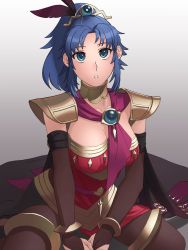 Rule 34 | 1girl, alternate costume, asagi (banzoku210), blue eyes, blue hair, breasts, cleavage, feather hair ornament, feathers, fire emblem, fire emblem: mystery of the emblem, fire emblem heroes, grey background, hair ornament, headpiece, highres, jewelry, kneeling, kris (fire emblem), large breasts, lips, long hair, nintendo, pantyhose, ponytail, simple background, skin tight