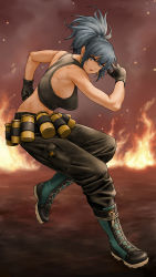 Rule 34 | 1girl, bare shoulders, belt, biceps, black background, black gloves, black pants, black tank top, blue eyes, blue hair, boots, breasts, combat boots, earrings, explosion, fire, gas can, gloves, high ponytail, highres, jewelry, leona heidern, medium breasts, midriff, military, muscular, muscular female, pants, ponytail, snk, solo, tank top, the king of fighters, the king of fighters xiii, triangle earrings, x chitch