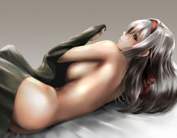 Rule 34 | 1girl, ass, bed, bed sheet, breasts, brown eyes, closed mouth, expressionless, gradient background, hair between eyes, hair ribbon, hairband, highres, kantai collection, kokuzou, large breasts, long hair, looking at viewer, lying, nude, on side, red ribbon, ribbon, shiny skin, shoukaku (kancolle), sidelocks, silver hair, simple background, solo, tareme