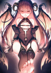 Rule 34 | 1girl, absurdres, arm support, aura, bare shoulders, barefoot, black leotard, black thighhighs, breasts, brown hair, closed mouth, dark aura, demon girl, demon horns, demon wings, detached sleeves, evil smile, fang, fingernails, frills, garter straps, gradient background, highres, horns, kat (bu-kunn), leotard, lips, long hair, looking at viewer, nail polish, original, pointy ears, red eyes, scan, sharp toenails, shiny skin, simple background, sitting, sleeveless, small breasts, smile, solo, sparkle, thighhighs, thighs, toenails, toes, wings