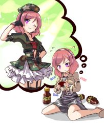 Rule 34 | 10s, 1girl, bags under eyes, belt, belt pouch, beret, camouflage, commentary request, cropped jacket, energy drink, english text, fingerless gloves, flying sweatdrops, garter straps, gloves, hairband, hand on own hip, handheld game console, hat, headset, imagining, love live!, love live! school idol festival, love live! school idol project, meta, military, military uniform, multiple views, nishikino maki, one eye closed, playing games, pouch, purple eyes, red hair, shipii (jigglypuff), sitting, skirt, slippers, tears, uniform, wariza