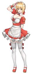 Rule 34 | 10s, 1girl, ahoge, alternate costume, apron, blonde hair, breasts, cleavage, fate/extra, fate (series), green eyes, maid, maid apron, maid headdress, michihasu, nero claudius (fate), nero claudius (fate) (all), nero claudius (fate/extra), red footwear, red skirt, simple background, skirt, solo, tagme, thighhighs, white background, white thighhighs, zettai ryouiki