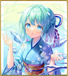 Rule 34 | 1girl, :o, alternate costume, alternate hairstyle, bare tree, blue eyes, blue hair, blue kimono, blue ribbon, blush, braid, branch, breasts, cirno, day, floral print, french braid, gradient background, hair ribbon, hands up, ice, ice wings, japanese clothes, kimono, kuwa analog, looking up, medium breasts, medium hair, obi, open mouth, outdoors, ribbon, sash, simple background, snow, solo, touhou, traditional media, tree, wings