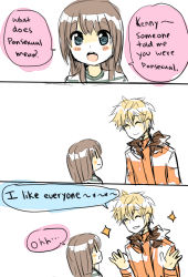 Rule 34 | 1boy, 1girl, 3koma, :o, ^ ^, age difference, blonde hair, blue eyes, blush stickers, brother and sister, brown hair, closed eyes, comic, english text, height difference, karen mccormick, kataro, kenny mccormick, missing tooth, open mouth, right-to-left comic, siblings, simple background, smile, south park, sparkle, striped, white background, | |