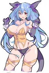 Rule 34 | 1girl, :d, bare shoulders, black gloves, black panties, black ribbon, blue hair, breasts, cleavage, collarbone, dizzy (guilty gear), elbow gloves, enpe, fang, gloves, gluteal fold, groin, guilty gear, hair between eyes, hair ribbon, halloween, highres, large breasts, long hair, looking at viewer, navel, open mouth, panties, red eyes, ribbon, simple background, smile, solo, tail, thigh strap, thighs, underwear, white background