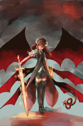 Rule 34 | 1girl, adapted costume, black necktie, black skirt, black thighhighs, blouse, boots, collared shirt, demon tail, dress shirt, fang, fang out, fire, fire, flaming hand, flaming sword, flaming weapon, full body, glowing, glowing weapon, head tilt, holding, holding sword, holding weapon, horns, koakuma, long hair, looking to the side, low wings, miniskirt, multiple wings, necktie, pencil skirt, red eyes, red hair, red wings, shirt, skirt, smile, solo, spread wings, standing, sword, tail, tailcoat, thigh boots, thighhighs, torn clothes, torn sleeves, touhou, weapon, white shirt, wings, yohane, zettai ryouiki