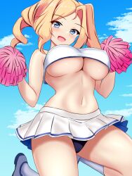 Rule 34 | 1girl, :d, bare arms, black panties, blonde hair, blue eyes, blue sky, blush, breasts, cheerleader, cloud, commentary request, crop top, day, drill hair, hair intakes, highres, holding, holding pom poms, honolulu (kancolle), jumping, kantai collection, large breasts, looking at viewer, medium hair, montemasa, navel, open mouth, outdoors, panties, pleated skirt, pom pom (cheerleading), pom poms, shirt, sidelocks, skirt, sky, smile, solo, stomach, thighs, underboob, underwear, white shirt, white skirt