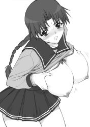 Rule 34 | 1girl, blush, braid, breast lift, breasts, clothes lift, greyscale, hoshina tomoko, large breasts, monochrome, nipples, school uniform, shichimenchou, shirt lift, simple background, solo, to heart, to heart (series)