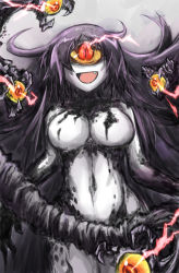 Rule 34 | 1girl, black hair, breasts, colored sclera, fang, female focus, gazer (monster girl encyclopedia), highres, large breasts, long hair, monster girl, monster girl encyclopedia, open mouth, red eyes, slit pupils, smile, solo, yellow sclera